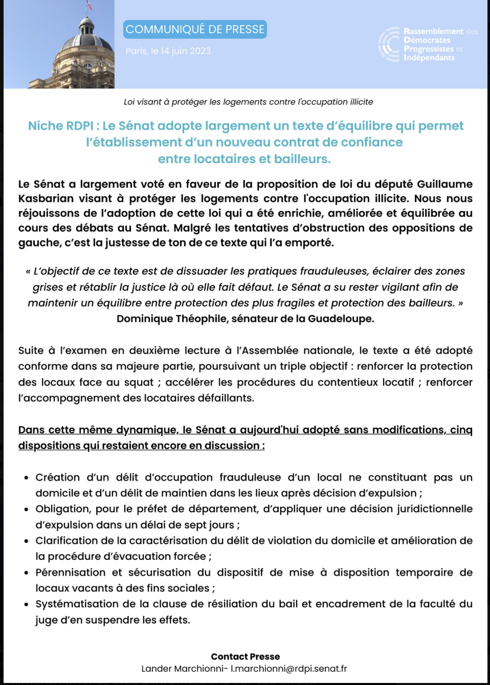 Communiqué • Adoption définitive de la loi visant à protéger les logements contre l’occupation illicite